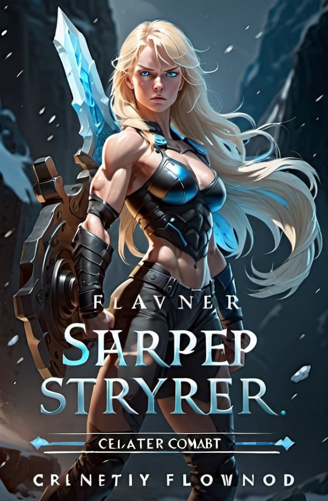 Prompt: Female figure. Greater bicep definition. Sharper, clearer blue eyes. Blonde hair flapping. Frostier, glacier effects. Fierce combat stance. 