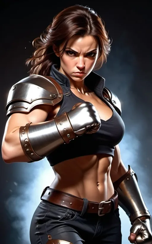 Prompt: Female figure. Greater bicep definition.  Muscular. Russian. Brown eyes. Brunette hair. Fierce combat stance. Raging Fists. Steel Gauntlets. Metallic Knuckles. 