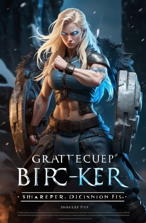 Prompt: Female figure. Greater bicep definition. Sharper, clearer blue eyes. Nosebleed. Long Blonde hair flapping. Frostier, glacier effects. Fierce combat stance. Raging Fists. Icy Knuckles.