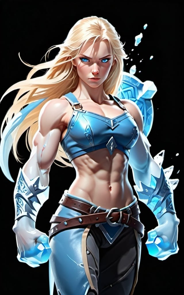 Prompt: Female figure. Greater bicep definition. Sharper, clearer blue eyes. Long Blonde hair flapping. Frostier, glacier effects. Fierce combat stance. Ice Sword.