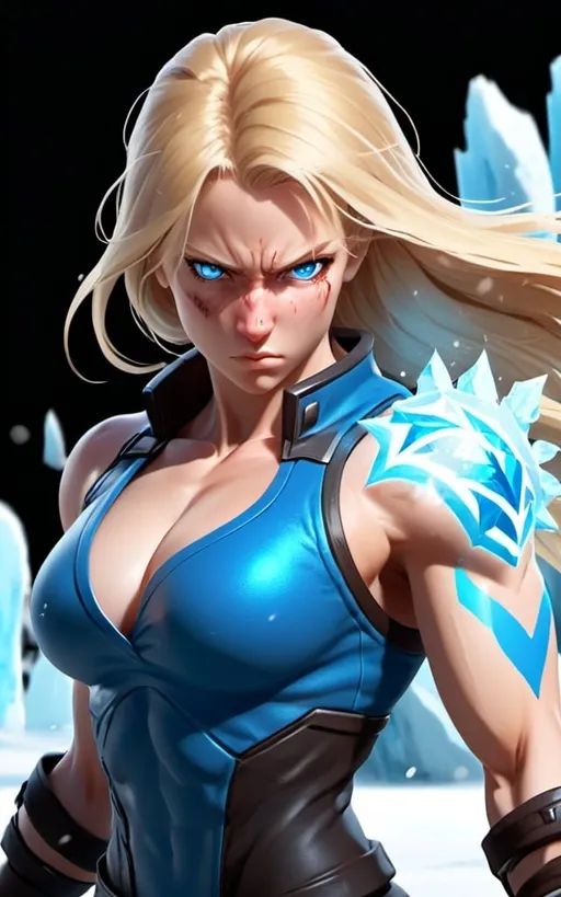 Prompt: Female figure. Greater bicep definition. Sharper, clearer blue eyes. Nosebleed. Long Blonde hair flapping. Frostier, glacier effects. Fierce combat stance. Raging Fists. Icy Knuckles. 