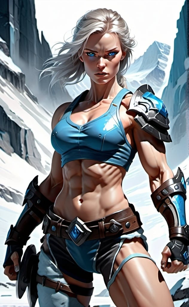 Prompt: Female figure. Greater bicep definition. Sharper, clearer blue eyes.  Frostier, glacier effects. Fierce combat stance. 