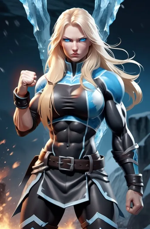 Prompt: Female figure. Greater bicep definition. Sharper, clearer blue eyes. Nosebleed. Long Blonde hair flapping. Frostier, glacier effects. Fierce combat stance. Raging Fists. Icy Knuckles.