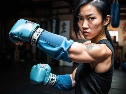 Prompt: Asian Black-haired girl. Athletic. Strong Biceps. Martial artist. Fierce Combat stance. Raging Fists.  