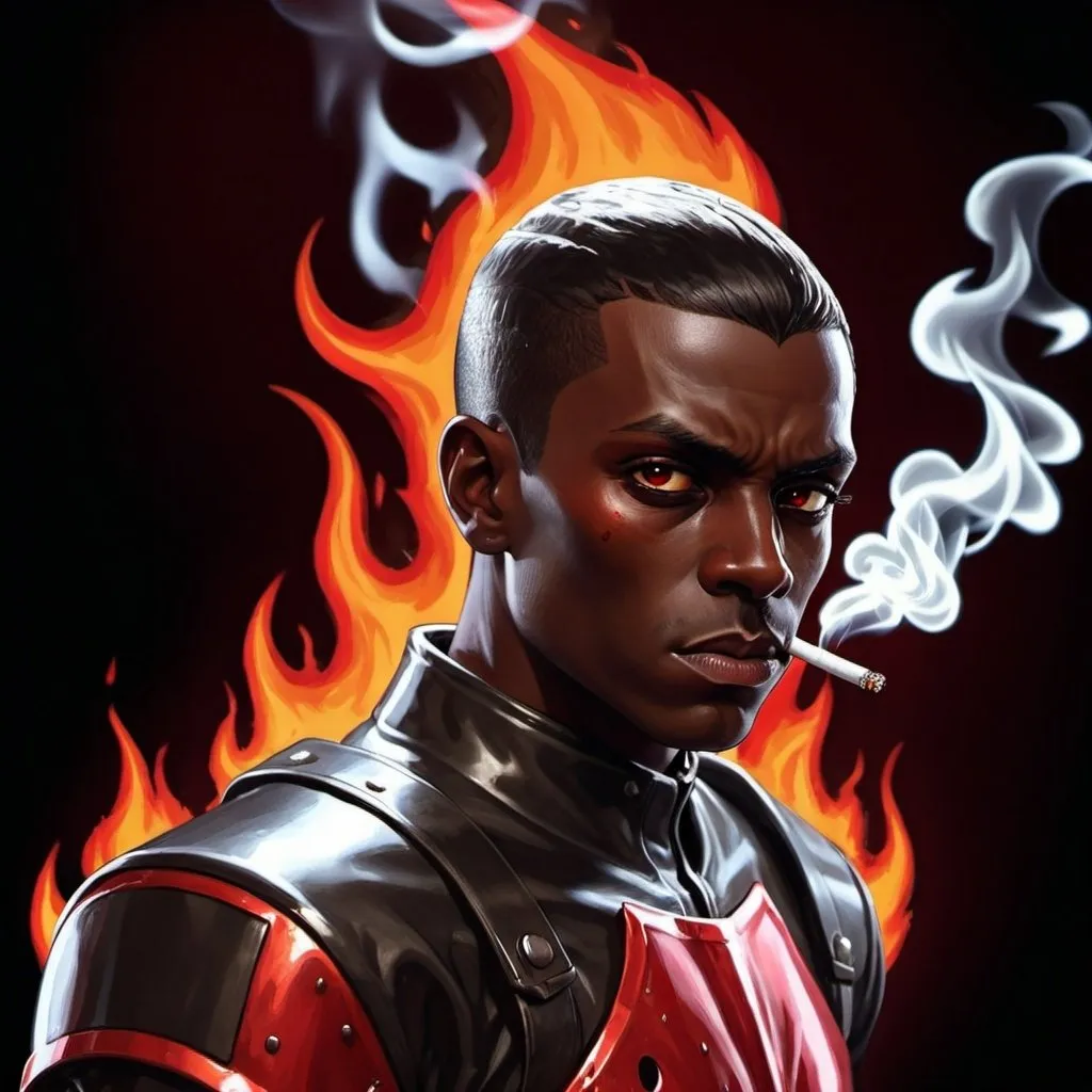 Prompt: Male Figure. Small. Short black hair. Dark skin. Dark eyes. Psychotic. Sinister glare. Clean shaven. Wearing a red armored suit. Cigarette in mouth. Fiery hands. Flames in the background. 