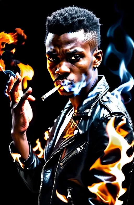Prompt:  Young black man with Cigarette in mouth. Short in height. Leather Jacket. Sinister glare. Angry. Psychotic. Low fade. Flaming hands. Fire effects and background. 
