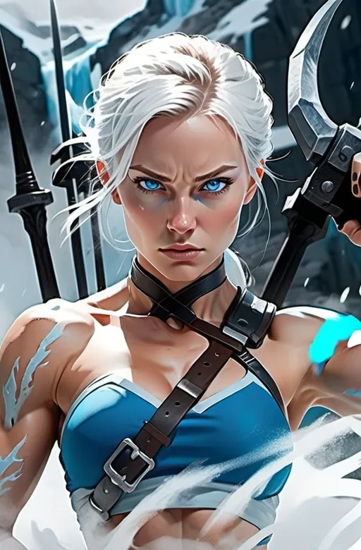 Prompt: Female figure. Greater bicep definition. Sharper, clearer blue eyes.  Frostier, glacier effects. Fierce combat stance. Engulfed by white mist. 