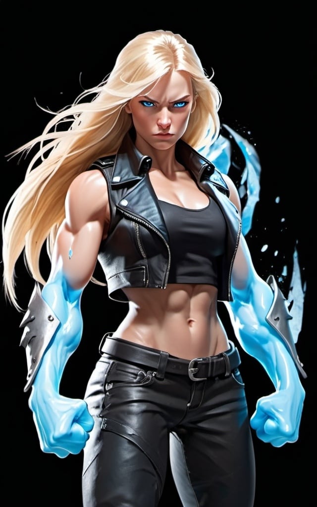 Prompt: Female figure. Greater bicep definition. Sharper, clearer blue eyes. Long Blonde hair flapping. Frostier, glacier effects. Fierce combat stance. Raging Fists. Leather Jacket.