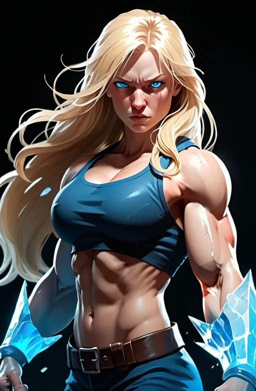 Prompt: Female figure. Greater bicep definition. Sharper, clearer blue eyes. Nosebleed. Long Blonde hair flapping. Frostier, glacier effects. Fierce combat stance. Raging Fists. Icy Knuckles. 