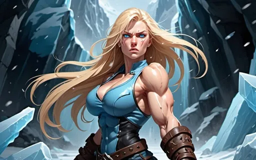 Prompt: Female figure. Greater bicep definition. Sharper, clearer blue eyes. Nosebleed. Long Blonde hair flapping. Frostier, glacier effects. Fierce combat stance. Raging Fists. Icy Knuckles. 