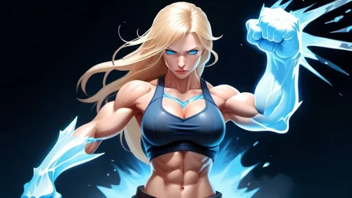 Prompt: Female figure. Greater bicep definition. Sharper, clearer blue eyes. Nosebleed. Long Blonde hair flapping. Frostier, glacier effects. Fierce combat stance. Raging Fists. Icy Knuckles.