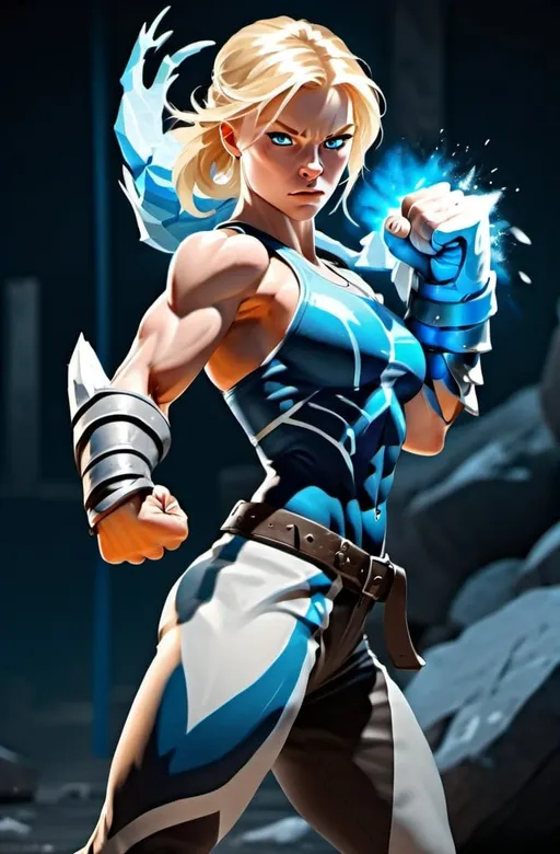 Prompt: Female figure. Greater bicep definition. Sharper, clearer blue eyes. Blonde hair flapping. Frostier, glacier effects. Fierce combat stance. Raging Fists.
