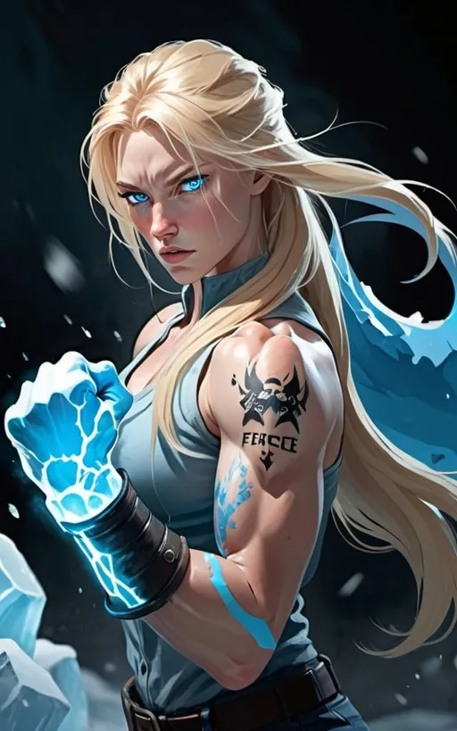 Prompt: Female figure. Greater bicep definition. Sharper, clearer blue eyes. Nosebleed. Long Blonde hair flapping. Frostier, glacier effects. Fierce combat stance. Raging Fists. Icy Knuckles. Wearing Pants. 