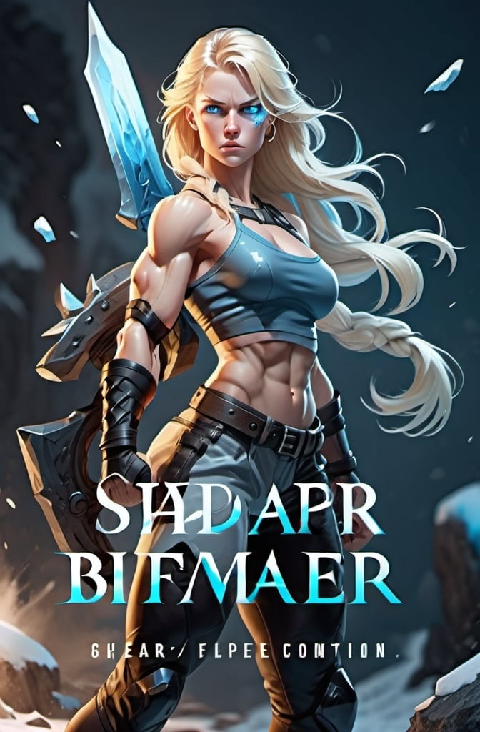 Prompt: Female figure. Greater bicep definition. Sharper, clearer blue eyes. Blonde hair flapping. Frostier, glacier effects. Fierce combat stance. 