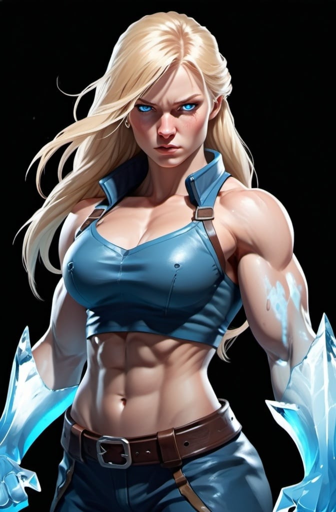 Prompt: Female figure. Greater bicep definition. Sharper, clearer blue eyes. Nosebleed. Long Blonde hair flapping. Frostier, glacier effects. Fierce combat stance. Icy Knuckles. 