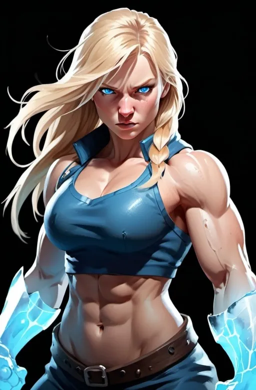 Prompt: Female figure. Greater bicep definition. Sharper, clearer blue eyes. Nosebleed. Long Blonde hair flapping. Frostier, glacier effects. Fierce combat stance. Raging Fists. Icy Knuckles.