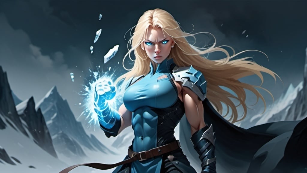 Prompt: Female figure. Greater bicep definition. Sharper, clearer blue eyes. Nosebleed. Long Blonde hair flapping. Frostier, glacier effects. Fierce combat stance. Raging Fists. Icy Knuckles. 