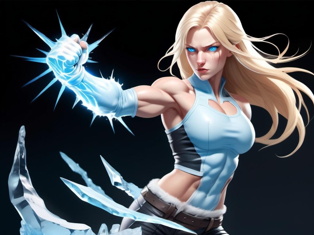 Prompt: Female figure. Greater bicep definition. Sharper, clearer blue eyes. Nosebleed. Long Blonde hair flapping. Frostier, glacier effects. Fierce combat stance. Raging Fists. Icy Knuckles.