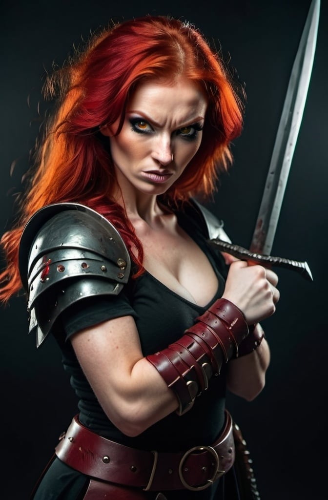 Prompt: Evil red-haired warrior woman with a mischievous smirk. Carmine, red eyes. Fierce combat stance.