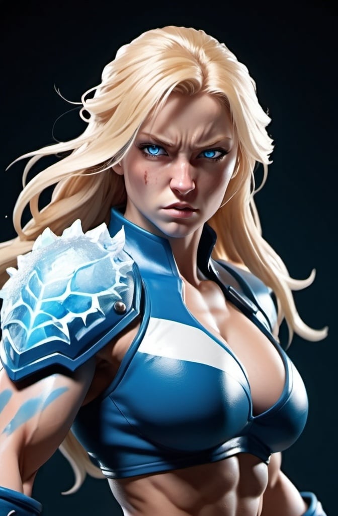 Prompt: Female figure. Greater bicep definition. Sharper, clearer blue eyes. Nosebleed. Long Blonde hair flapping. Frostier, glacier effects. Fierce combat stance. Raging Fists. Icy Knuckles.