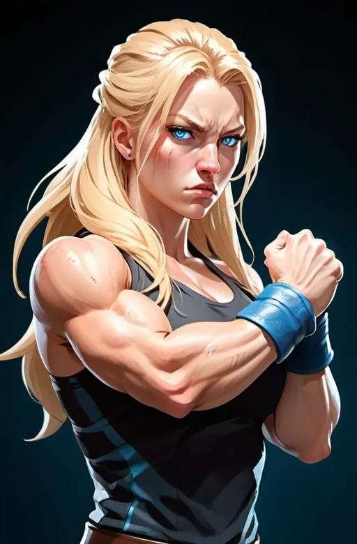 Prompt: Female figure. Greater bicep definition. Sharper, clearer blue eyes. Nosebleed. Long Blonde hair flapping. Frostier, glacier effects. Fierce combat stance. Raging Fists. Icy Knuckles.