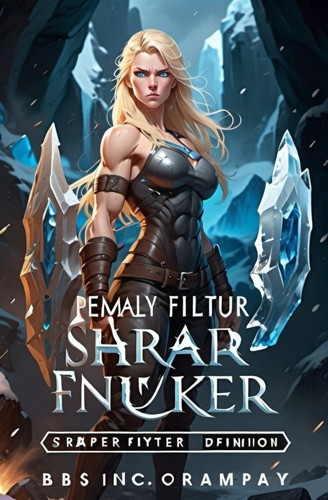 Prompt: Female figure. Greater bicep definition. Sharper, clearer blue eyes. Long Blonde hair flapping. Frostier, glacier effects. Fierce combat stance. Icy Knuckles. Raging Fists.