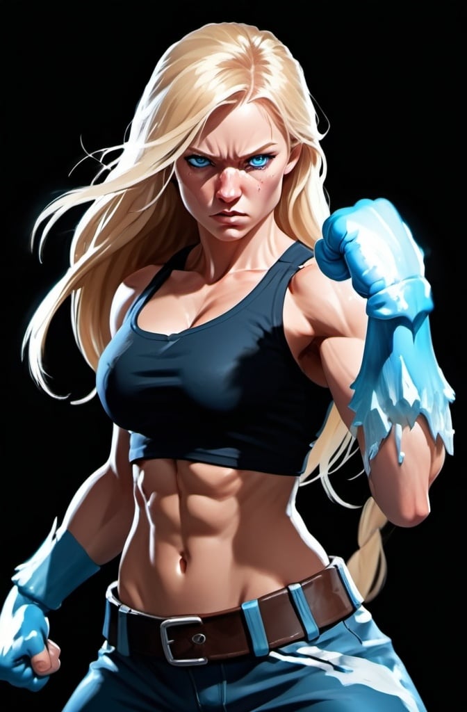 Prompt: Female figure. Greater bicep definition. Sharper, clearer blue eyes. Nosebleed. Long Blonde hair flapping. Frostier, glacier effects. Fierce combat stance. Raging Fists. Icy Knuckles. 