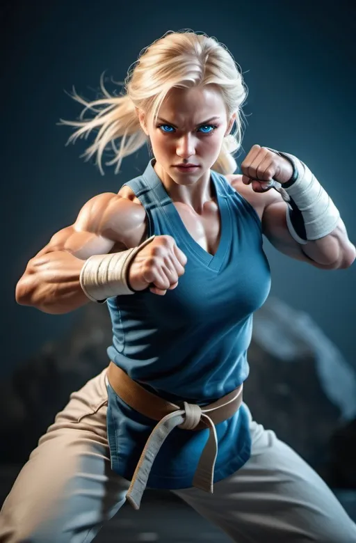 Prompt: Female figure. Greater bicep definition. Sharper, clearer blue eyes. Blonde hair flapping. Frostier, glacier effects. Fierce combat stance. Martial artist. 