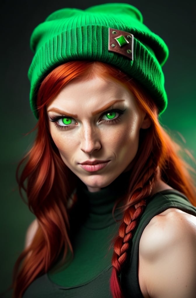 Prompt:  Evil red-haired warrior woman, wearing a green beanie and a mischievous smirk. Green eyes. Fierce combat stance. 