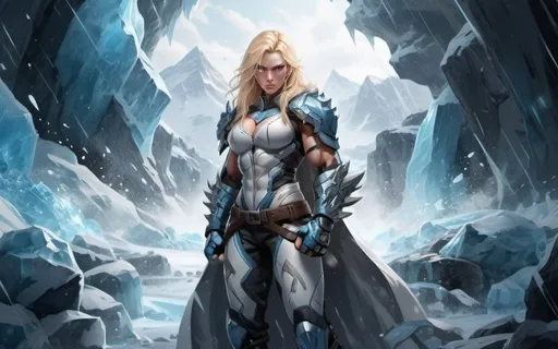 Prompt: Female figure. Greater bicep definition. Sharper, clearer blue eyes. Nosebleed. Long Blonde hair flapping. Frostier, glacier effects. Fierce combat stance. Raging Fists. Icy Knuckles. 