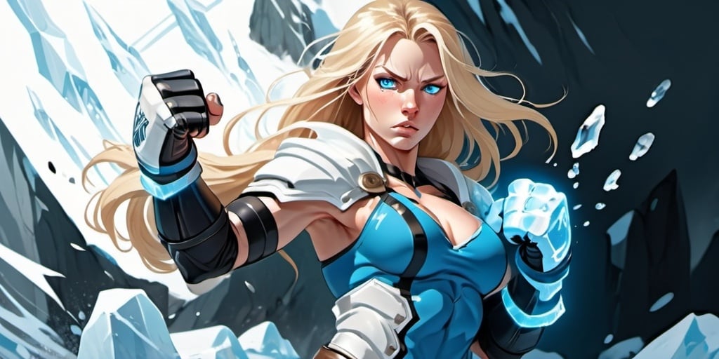 Prompt: Female figure. Greater bicep definition. Sharper, clearer blue eyes. Nosebleed. Long Blonde hair flapping. Frostier, glacier effects. Fierce combat stance. Raging Fists. Icy Knuckles. 