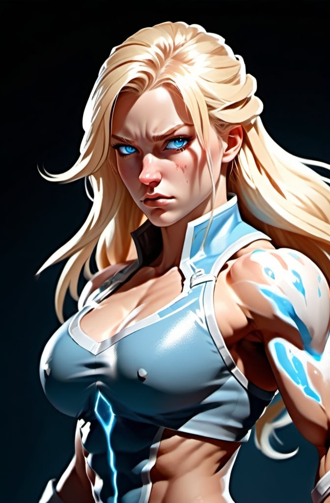 Prompt: Female figure. Greater bicep definition. Sharper, clearer blue eyes. Nosebleed. Long Blonde hair flapping. Frostier, glacier effects. Fierce combat stance. Icy Knuckles. 