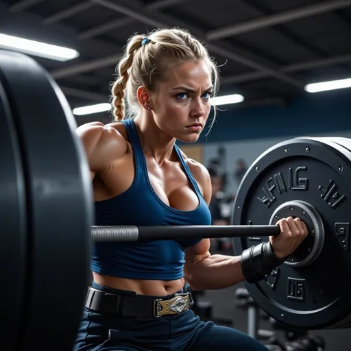 Prompt: A powerful female warrior, @DavbJxNLH9GpSdVFbbE9, is engaged in an intense weightlifting session, straining against an immense barbell loaded with thousands of pounds. Her muscles are visibly defined, showcasing strength and determination as she grips the bar with a fierce focus. The scene is set in a dimly lit gym, illuminated by harsh overhead lights that cast dramatic shadows across her form. Sweat glistens on her brow, highlighting her intense effort. In the background, various gym equipment is slightly blurred, emphasizing her as the central figure. The atmosphere is charged with energy, as if the very air vibrates with her exertion, capturing the raw power of her workout.