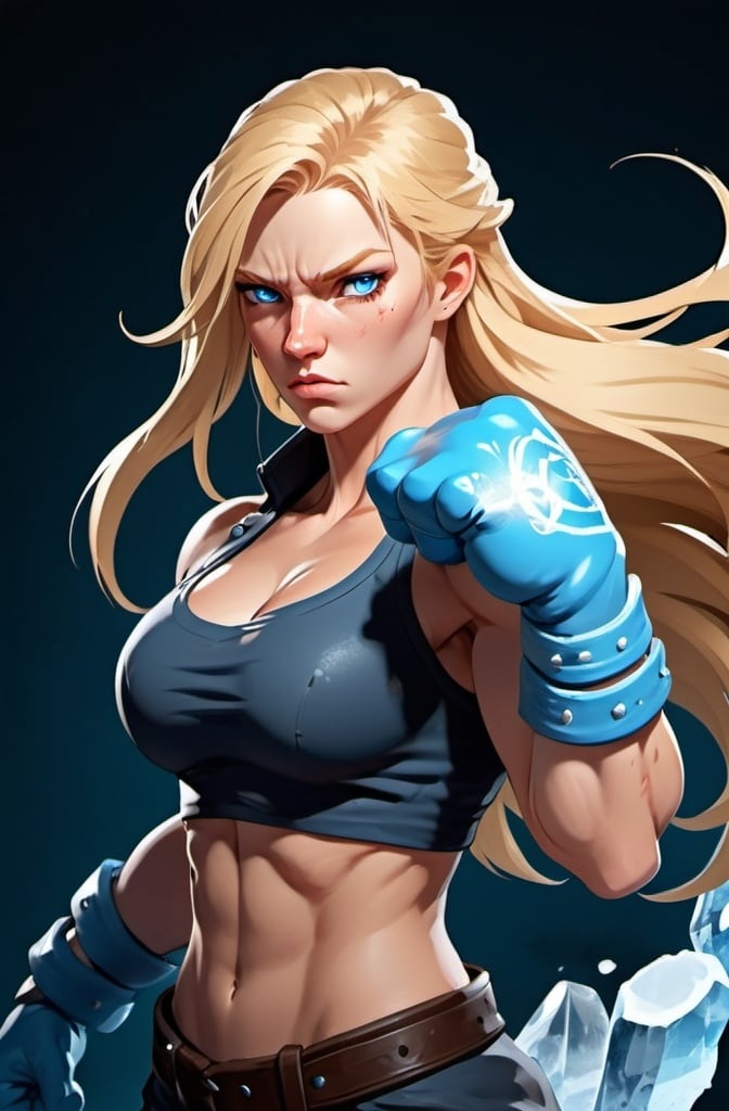 Prompt: Female figure. Greater bicep definition. Sharper, clearer blue eyes. Nosebleed. Long Blonde hair flapping. Frostier, glacier effects. Fierce combat stance. Raging Fists. Icy Knuckles. 