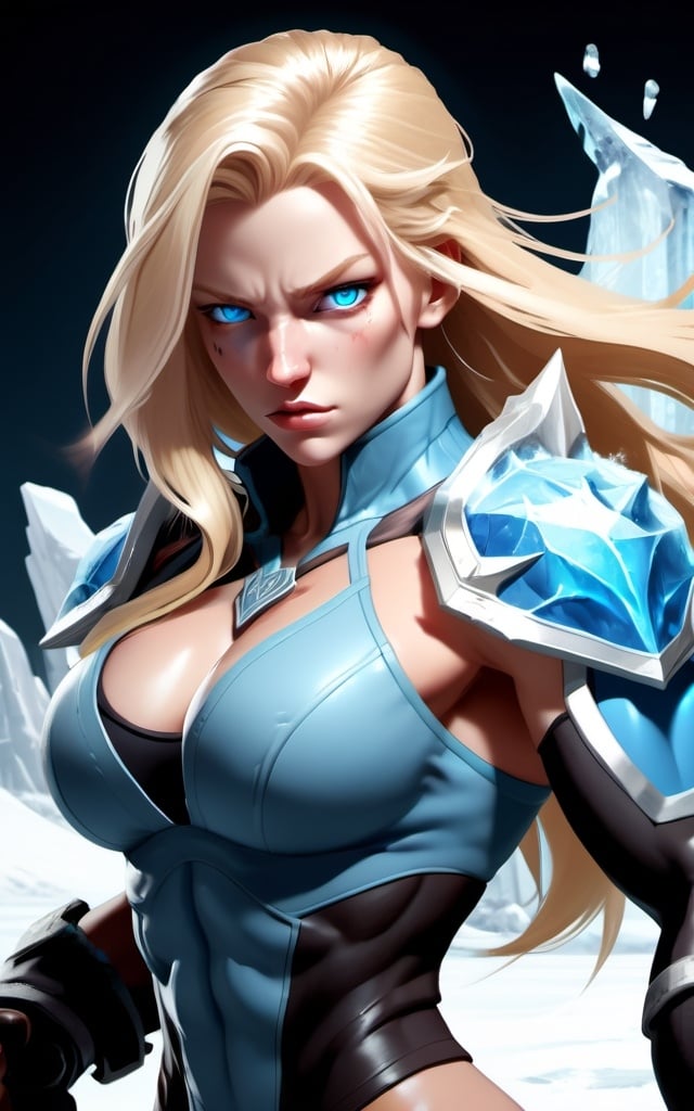 Prompt: Female figure. Greater bicep definition. Sharper, clearer blue eyes. Nosebleed. Long Blonde hair flapping. Frostier, glacier effects. Fierce combat stance. Raging Fists. Icy Knuckles.