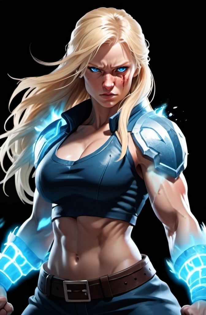 Prompt: Female figure. Greater bicep definition. Sharper, clearer blue eyes. Nosebleed. Long Blonde hair flapping. Frostier, glacier effects. Fierce combat stance. Raging Fists. 