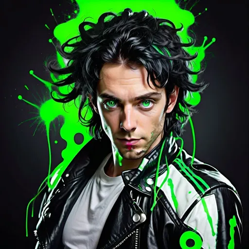 Prompt:  White male wearing Black leather Jacket. Genius inventor and Telepath. Bright Green eyes. Black messy hair, with strands that extend a little over his face. Witty but friendly. 