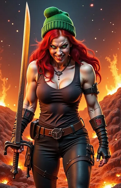Prompt: @wbV7YKlXTFt2cBPb46HT A fierce female warrior in a dynamic combat stance, her body poised for action, with glowing lava fists ready to strike. Her expression is one of confidence, highlighted by an evil smirk that conveys her determination. The scene is set in a volcanic landscape, with molten lava bubbling around her feet and ash swirling in the air, creating an intense atmosphere. The lighting is dramatic, with the fiery glow of the lava illuminating her figure and casting flickering shadows. The camera angle is low, emphasizing her powerful stance and the chaotic environment, capturing the energy of the moment as she prepares for battle.
