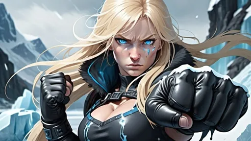 Prompt: Female figure. Greater bicep definition. Sharper, clearer blue eyes. Nosebleed. Long Blonde hair flapping. Frostier, glacier effects. Fierce combat stance. Raging Fists. Icy Knuckles. 