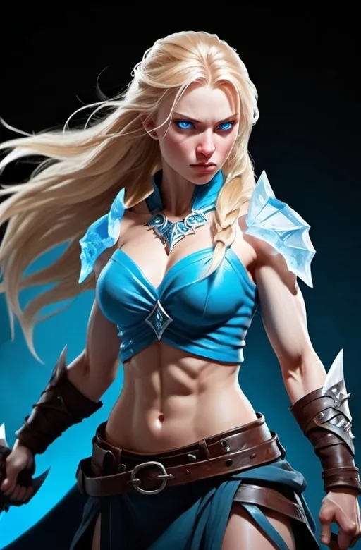 Prompt: Female figure. Greater bicep definition. Sharper, clearer blue eyes. Bleeding. Long Blonde hair flapping. Frostier, glacier effects. Fierce combat stance. Ice Daggers. 