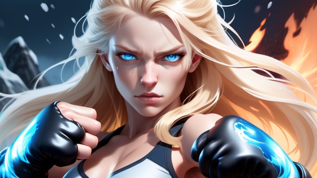 Prompt: Female figure. Greater bicep definition. Sharper, clearer blue eyes. Nosebleed. Long Blonde hair flapping. Frostier, glacier effects. Fierce combat stance. Raging Fists. Icy Knuckles.