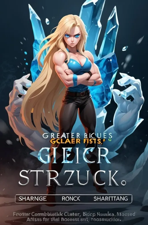 Prompt: Female figure. Greater bicep definition. Sharper, clearer blue eyes. Nosebleed. Long Blonde hair flapping. Frostier, glacier effects. Fierce combat stance. Raging Fists. Icy Knuckles.