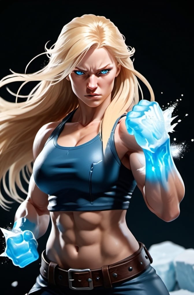 Prompt: Female figure. Greater bicep definition. Sharper, clearer blue eyes. Nosebleed. Long Blonde hair flapping. Frostier, glacier effects. Fierce combat stance. Icy Fists. 