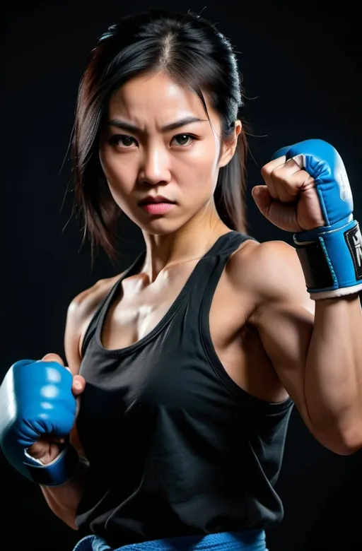 Prompt: Asian Black-haired girl. Athletic. Strong Biceps. Martial artist. Fierce Combat stance. Raging Fists.  