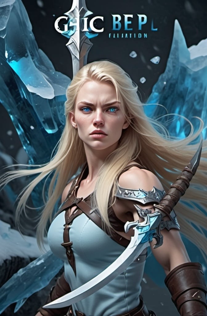 Prompt: Female figure. Greater bicep definition. Sharper, clearer blue eyes. Nosebleed. Long Blonde hair flapping. Frostier, glacier effects. Fierce combat stance. Ice dagger. 