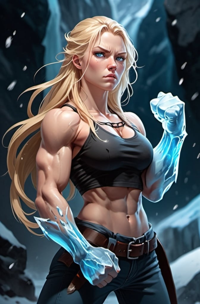 Prompt: Female figure. Greater bicep definition. Sharper, clearer blue eyes. Nosebleed. Long Blonde hair flapping. Frostier, glacier effects. Fierce combat stance. Raging Fists. Icy Knuckles.