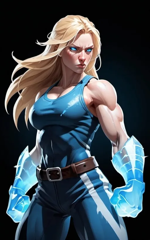 Prompt: Female figure. Greater bicep definition. Sharper, clearer blue eyes. Nosebleed. Long Blonde hair flapping. Frostier, glacier effects. Fierce combat stance. Raging Fists. Icy Knuckles. 