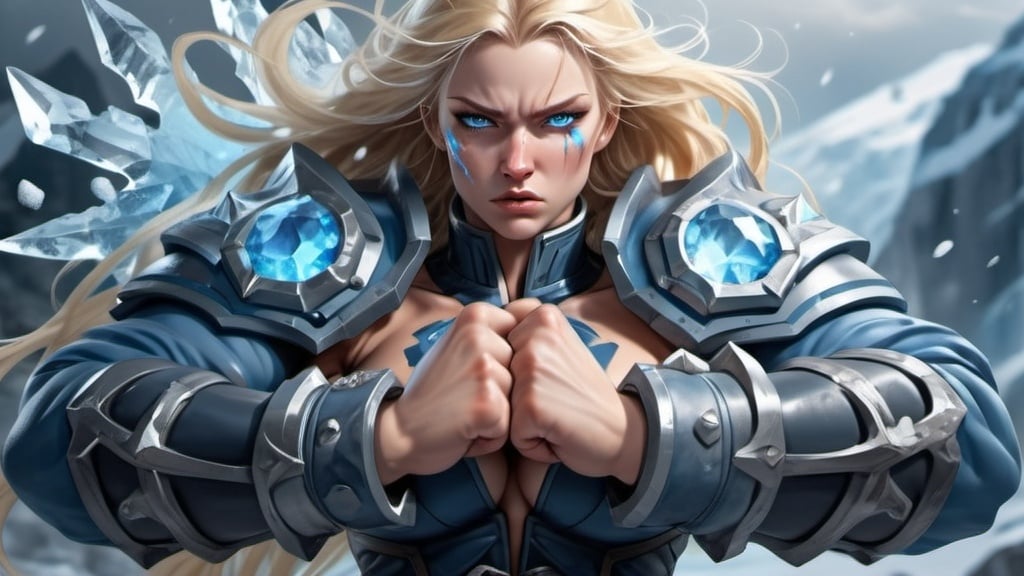 Prompt: Female figure. Greater bicep definition. Sharper, clearer blue eyes. Nosebleed. Long Blonde hair flapping. Frostier, glacier effects. Fierce combat stance. Icy knuckle cracking. 