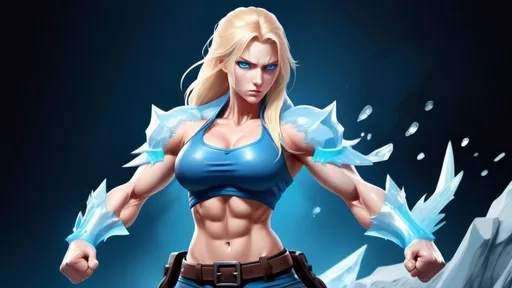 Prompt: Female figure. Greater bicep definition. Sharper, clearer blue eyes. Nosebleed. Long Blonde hair flapping. Frostier, glacier effects. Fierce combat stance. Raging Fists. Icy Knuckles.