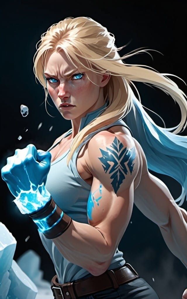 Prompt: Female figure. Greater bicep definition. Sharper, clearer blue eyes. Nosebleed. Long Blonde hair flapping. Frostier, glacier effects. Fierce combat stance. Raging Fists. Icy Knuckles. Wearing Pants. 